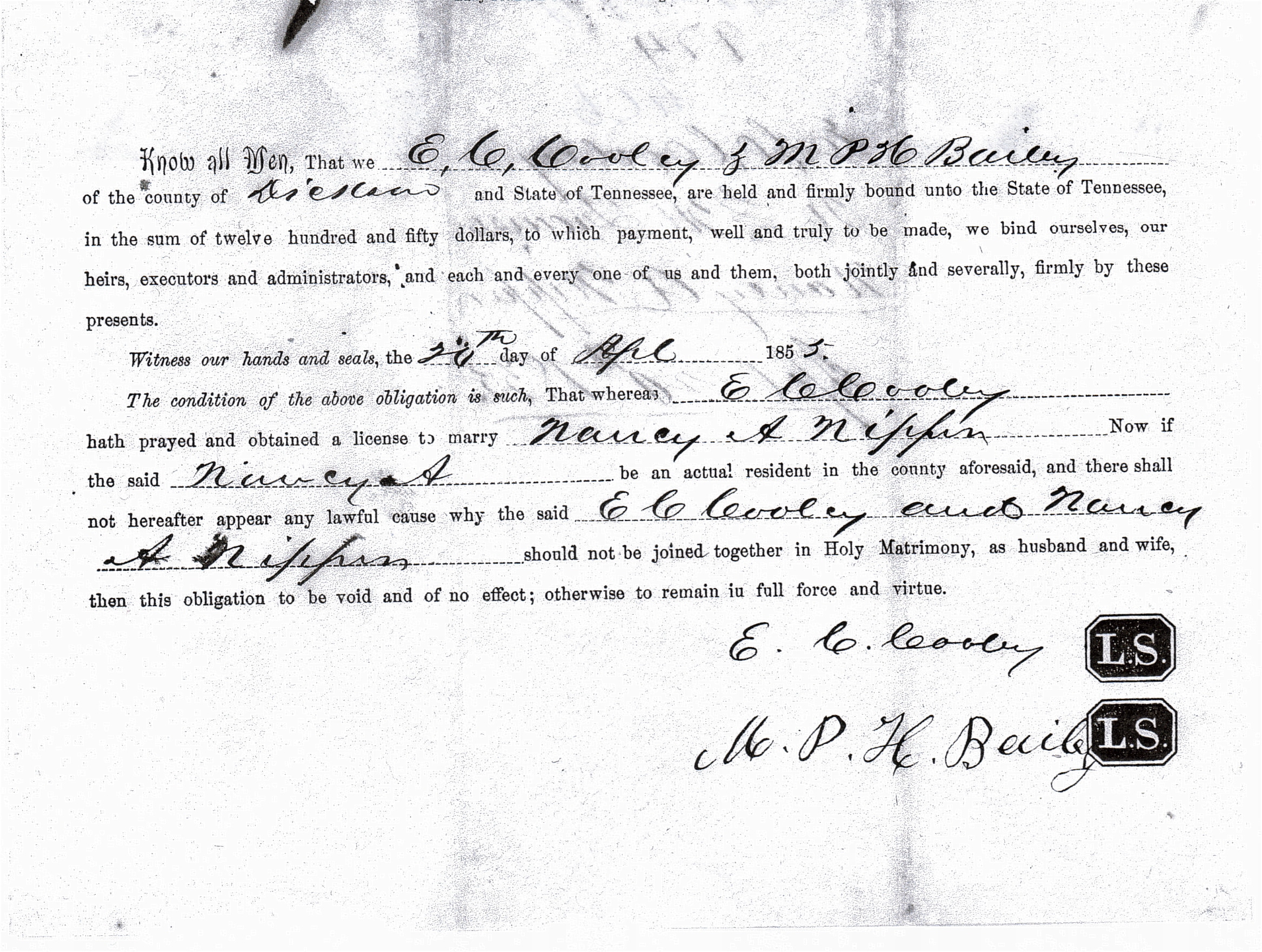 E_C_Cooley_to_Nancy_Ann_Nipper_marriage_bond_20_April_1855_front.jpg